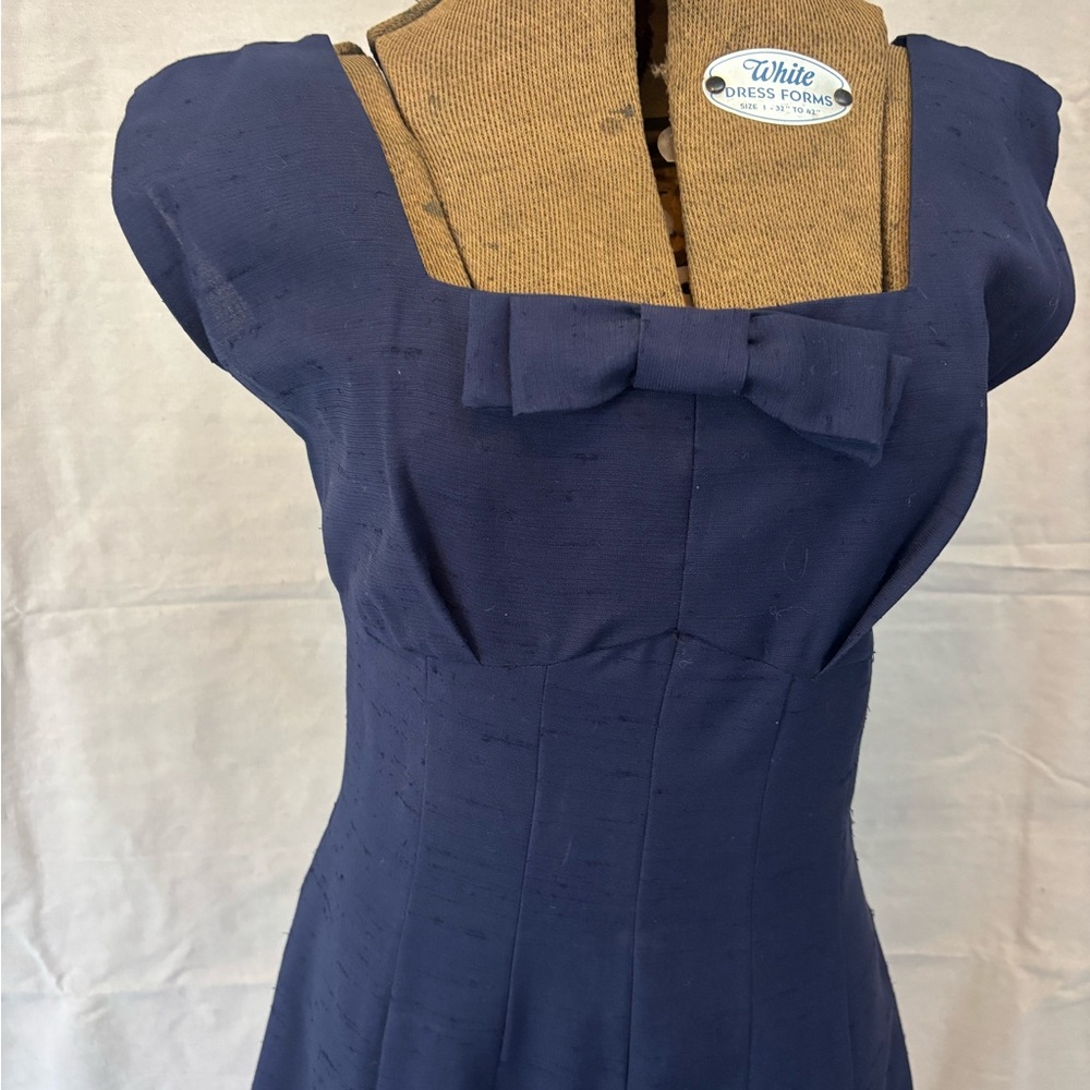 Vintage 60s Mod Navy Blue Textured Cotton Dress Suit Polka Dot Lining Jacket S - Picture 3 of 12